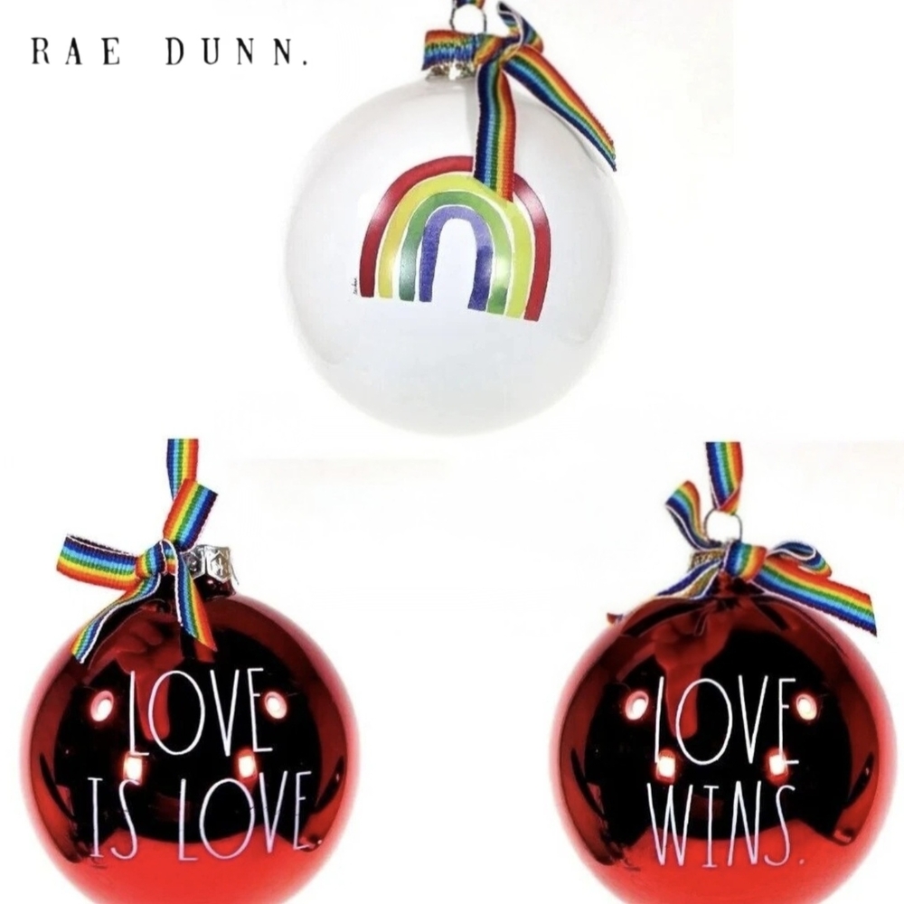PRICE DROP‼️NWT Rae Dunn Holiday Love, 3 Ornament Set Red, White & Rainbow